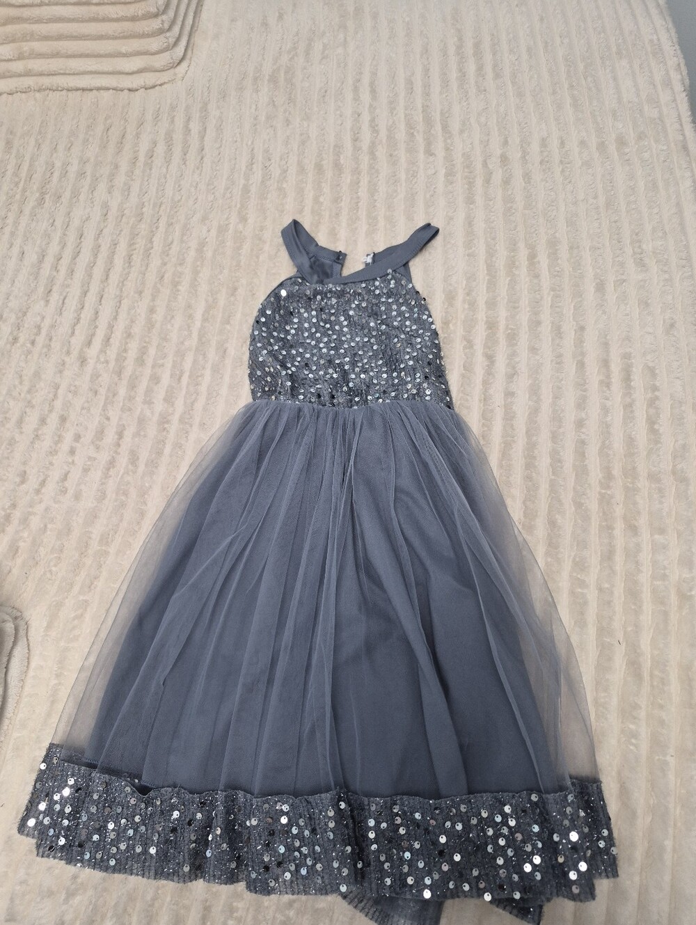 Girls Gray Sequin Party Dress with Tulle Skirt & Halter Neck